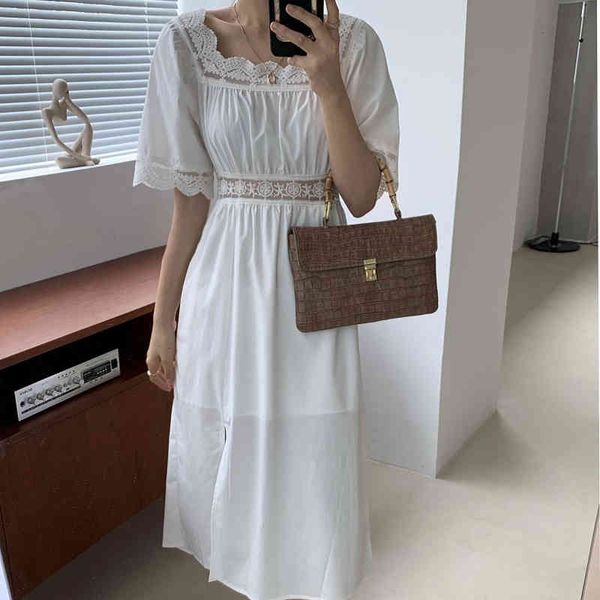 

casual dresses 2021 elegant french lace patchwork hollow solid streetwear loose retro summer sweet long es vestidos bjse, Black;gray