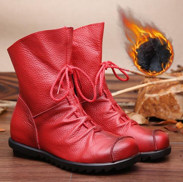 Neue Stiefel Vintage Stil Echtes Leder Frauen Flache Booties Weiche Rindsleder Frauen Schuhe Front Zip Knöchel