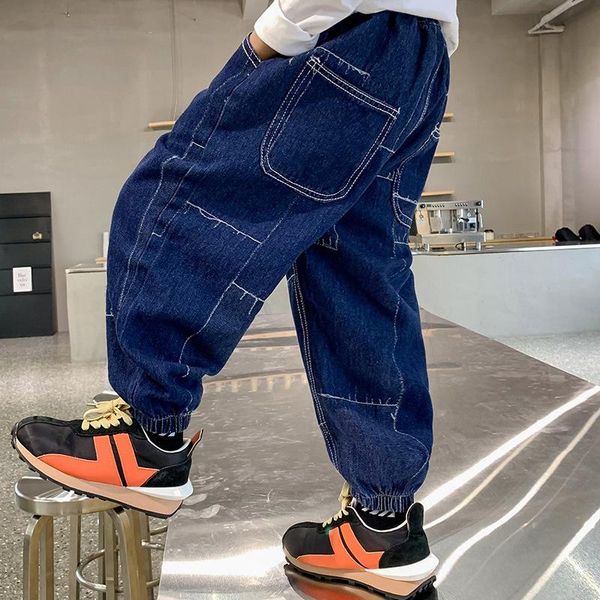 

trousers 2021 autumn casual fashion children jeans kids solid color loose boys trend denim pants teens slacks 6 7 8 9 10 11y, Blue