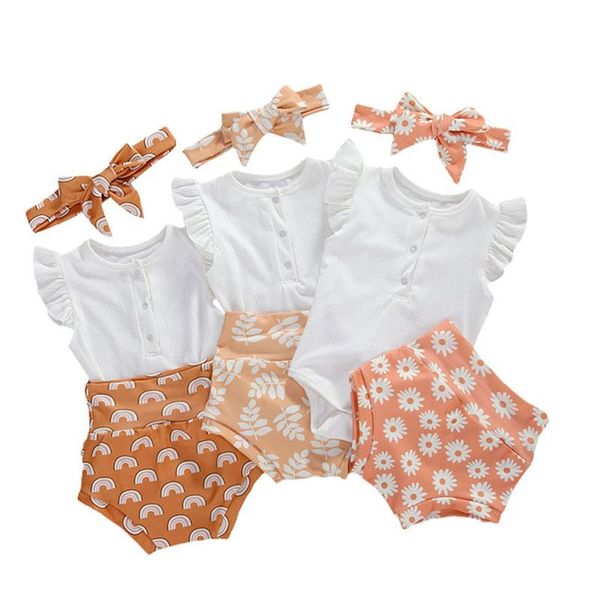 

clothing sets pudcoco 0-18m born infant kids baby girls boys clothes 3pcs ruffle sleeve knit romper print shorts+headband outfits, White