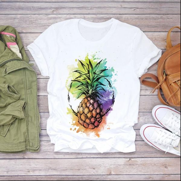 

womens t shirt women cartoon watercolor beach pineapple fashion summer fruit ladies shirts graphic female tee, White