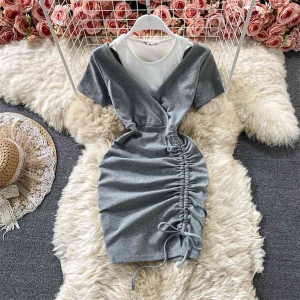 

summer women's dress color match short sleeve ruched drawstring mini bodycon patchwork off-shoulder 210603, Black;gray