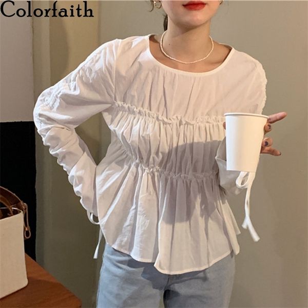 

women spring summer blouse shirts drawstring jumper vintage elegant korean style solid wild lady bl9112 210427, White