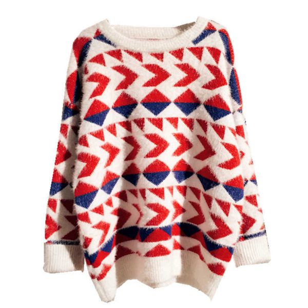Talvez u Mulheres Sweater de malha de malha manga longa Branco vermelho azul cáqui Geométrico Mohair M0008 210529