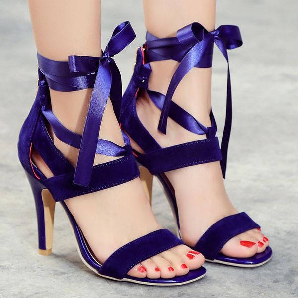 

blue purple thin high heel sandal ladies summer party shoes ankle cross strap gladiator sandals women big size, Black