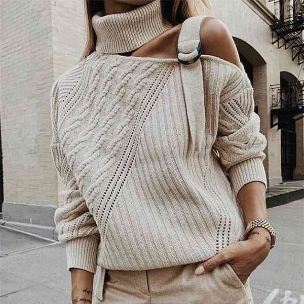 Sweater Hollow Threen Three Feminino Ombro Cinturão Turtleneck Oversized Streetwear Casual Vintage Top 210427