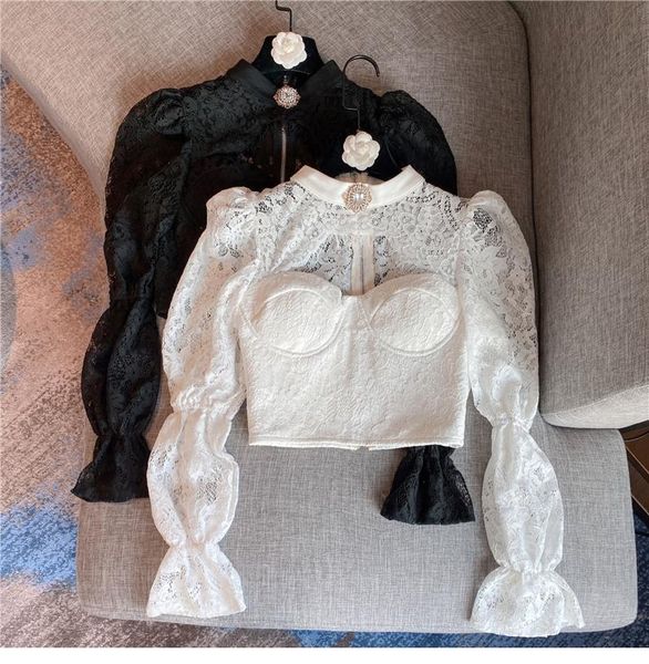 

women's blouses & shirts short lace shirt for woman hollow halter rhinestone slimming blouse lady crop black white 2021