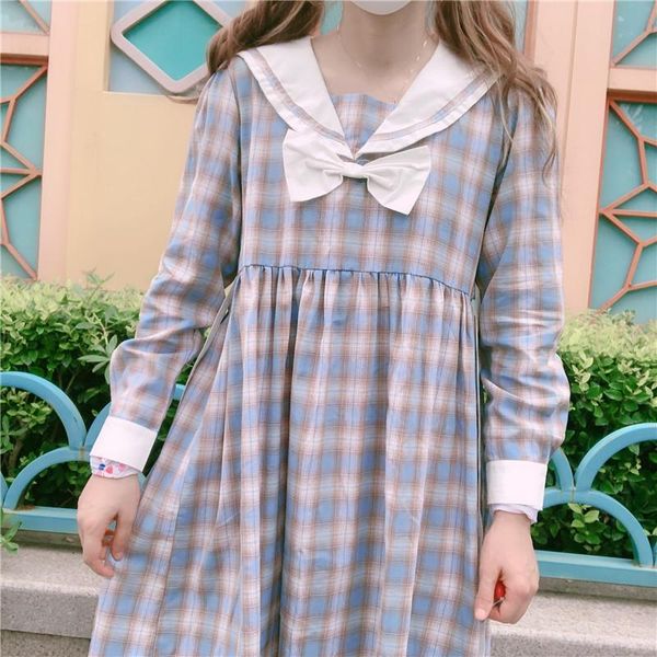 

casual dresses japanese small fresh navy collar princess dress female 2021 autumn lace-up slim high waist plaid one-piece college style, Black;gray