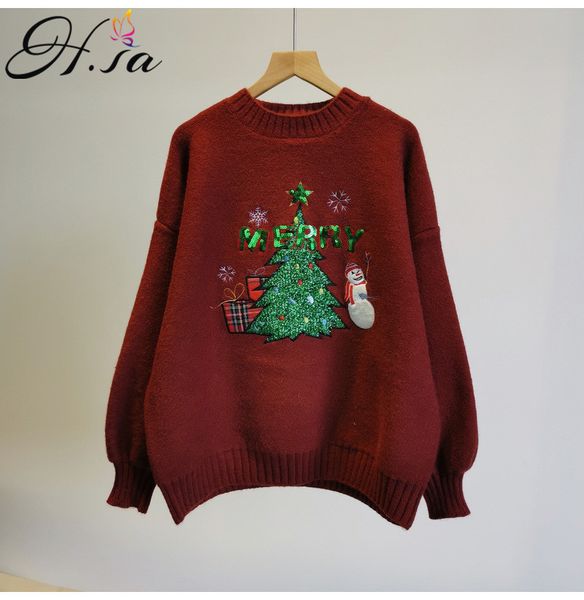 

h.sa women casual cartoon pullovers christmas tree oversized pull jumpers long sleeve sequined snowman sweater 210417, White;black