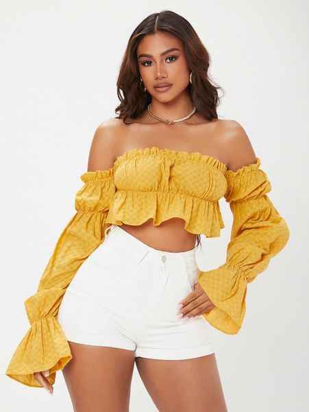 

sxy off shoulder frill trim crop s5nw#, White