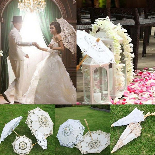 Fans Sonnenschirme 2021 Hochzeit Regenschirm Braut Baumwolle Spitze Holzgriff bestickt europäischen Stil weiß Beige Pografie Requisiten Dekoration