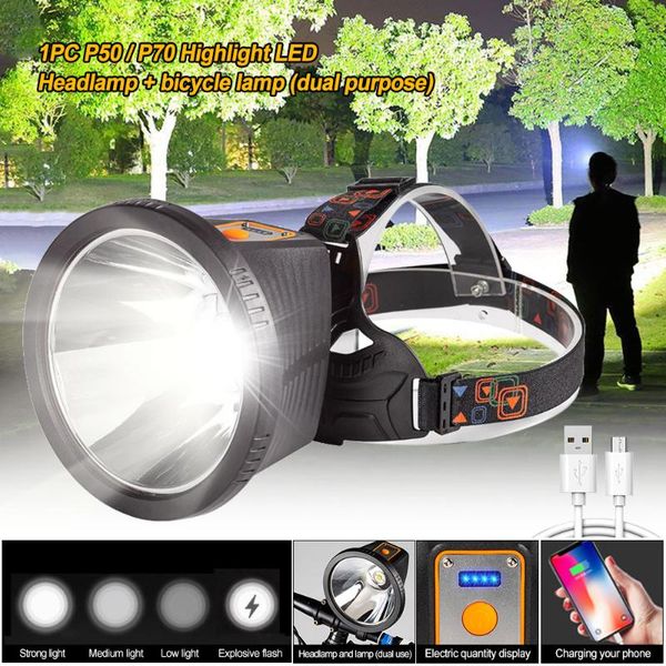 

headlamps ultra bright 20w p50/p70 led headlamp usb rechargeable waterproof bicycle head light torch 4 modes searchlight built-in battery