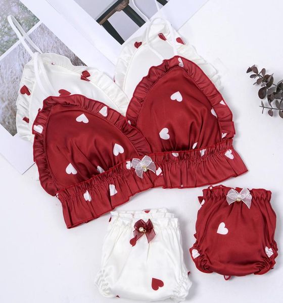 

bras sets love heart girls women's cute bra & panties set ruffles trim wiremilk silk soft underwear sleep intimates kawaii lolita, Red;black