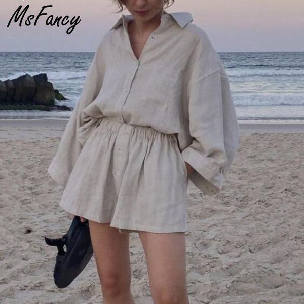 

women's tracksuits msfancy summer two piece set women 2021 cotton shorts sets vintage boho oversized shirt high waist loose mujer, Gray