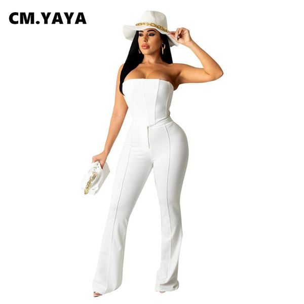 

women's two piece pants cm.yaya autumn winter streetwear set strapless crop suit office lady tracksuit fitness outfits, White