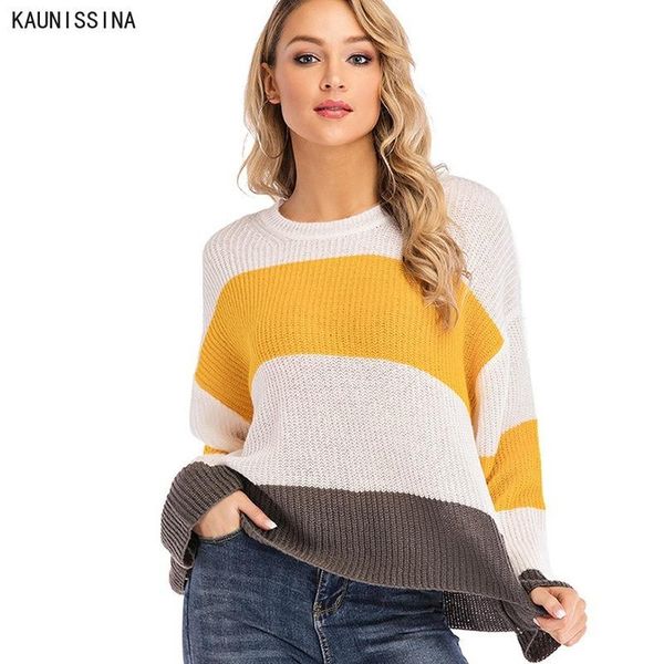 

knitted pullover women loose sweater spring autumn jumpers ladies striped contrast color fashion knitting shirt women's sweaters, White;black
