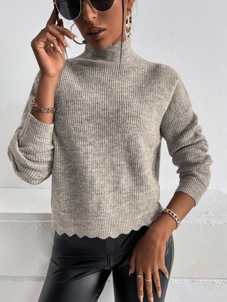 

mock neck scallop trim drop shoulder sweater q8al#, White