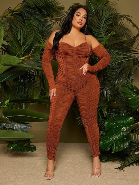 

sxy plus cold shoulder ruched unitard jumpsuit y6ei#, Black