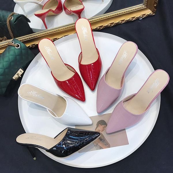 

slippers weibate mid-heeled half women's summer patent leather toe caps with pointed wild comfortable, Black