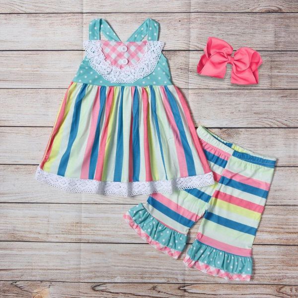 

fashion boutique summer rainbow stripes lace girl suit baby outfit clothes clothing sets, White