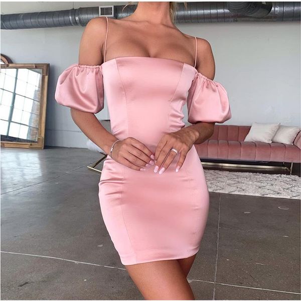 

casual dresses 2021 long puff sleeve slash neck satin pleated mini dress autumn french romance party winter women solid elegant, Black;gray