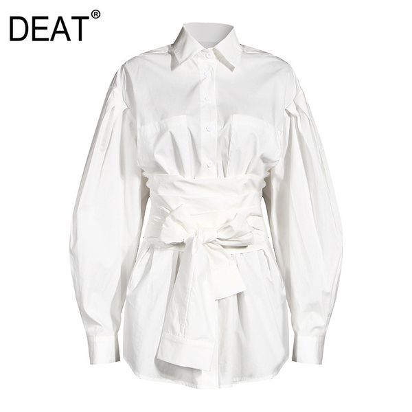 

spring fashion women clothes turn-down collar full sleeves waist belt sashes shirt female two pieces sh750 210421, White