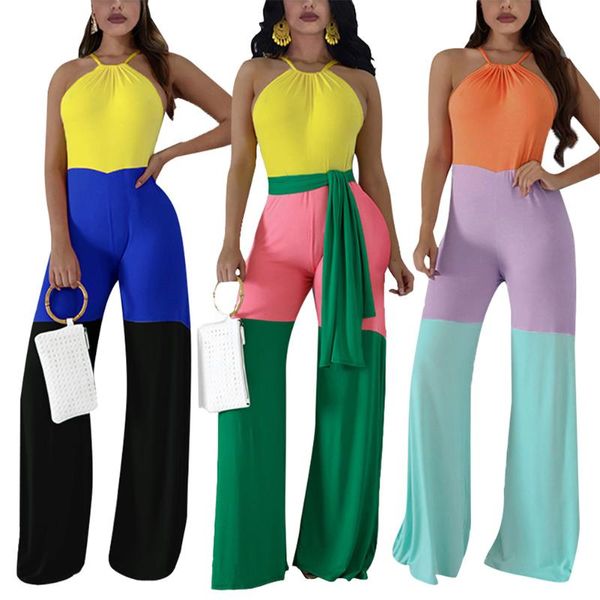 

women's jumpsuits & rompers fadzeco women off shoulder jumpsuit halter neck color block wide leg long pants romper, Black;white