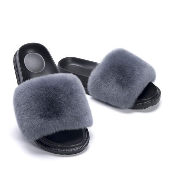 

slippers fashion luxury design women real fur slides summer flip flops casual vogue sandals plush shoes, Black
