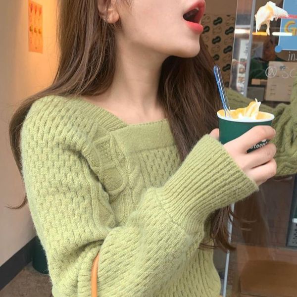

women's sweaters korean vintage women sweater pullover green square neck long sleeve knitted autumn winter clothes1, White;black