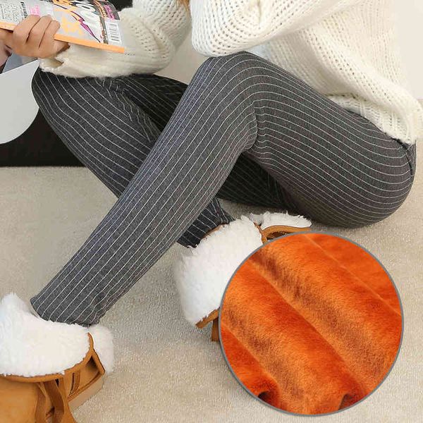 

wkoud 2021 winter warm leggings women high waist stretch striped printed pencil pants thicken skinny female trousers m-xxl p8615, Black