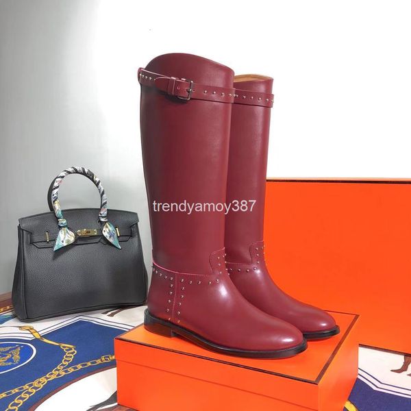 

boots autumn and winter rivet boots leather large women's flat bottomed knight straight high, Black