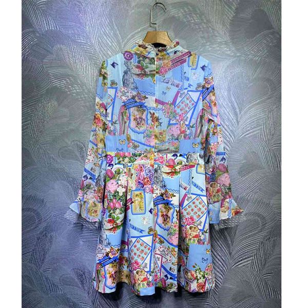 

dress seqinyy light blue 2021 summer fashion design feminine frilly lace flowers of vintage chiffon printing, Black;gray