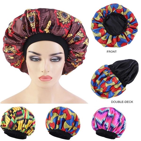

double layer wide band satin bonnet african pattern ankara print bonnets women bonnets night sleep hat ladies turban wholesale, Blue;gray