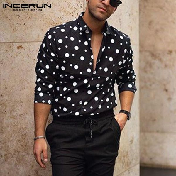 

fashion polka dot printed shirts incerun men long sleeve lapel neck camisa leisure buttons man casual loose blouse s-5xl men's, White;black