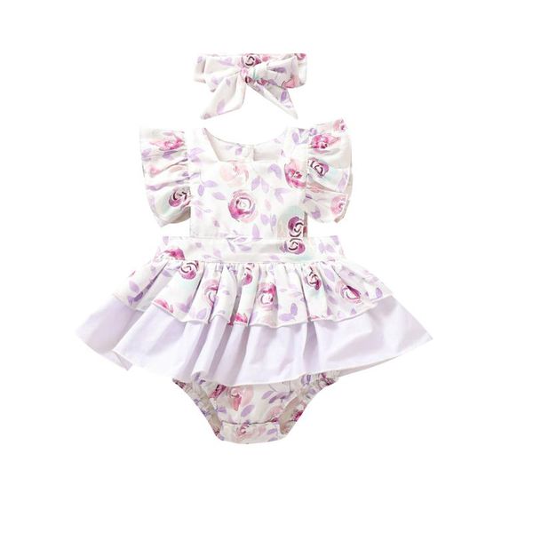 

rompers summer 0-24m baby girls romper with headband flower print square neck sleeve jumpsuit+ hair band for, Blue