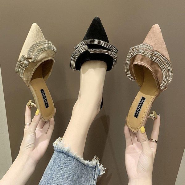 

slippers 2021 fashion rhinestone sandals women's summer women ruffles ladies party high heel slides wedding pumps, Black