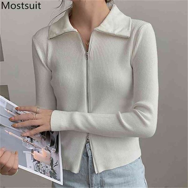 

korean zippers knitted cardigan sweater women full sleeve turn-down collar slim fashion casual ladies jumpers femme 210513, White;black