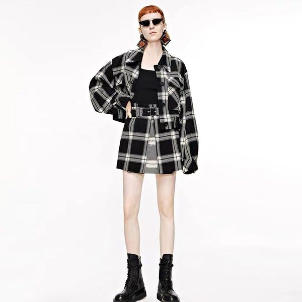 

women's tracksuits autumn plaid runway workplace lapel button jacket mini half skirt vintage fashion casual sets, Gray