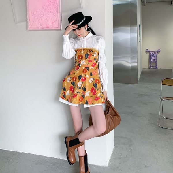 

casual dresses 2 piece 2021 fashion long sleeve shirt dress women lantern wrap floral yellow ladies korean clothing ekt5, Black;gray