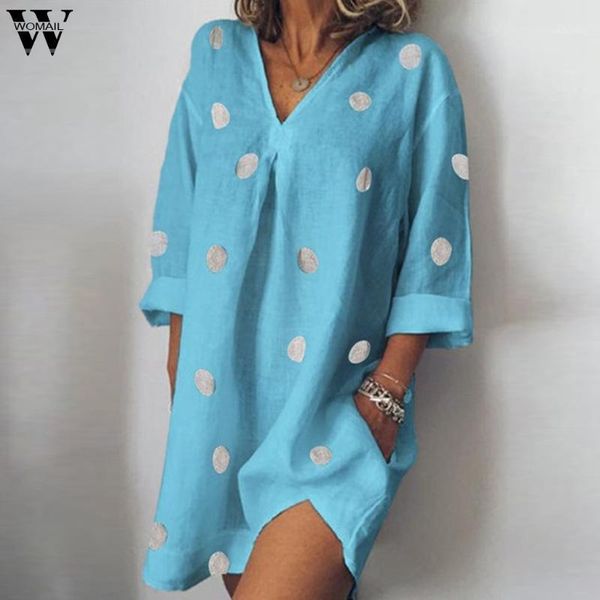 

womail long sleeves dress women plus size cotton and linen v-neck dot print loose sleeve vintage vestidos casual dresses, Black;gray