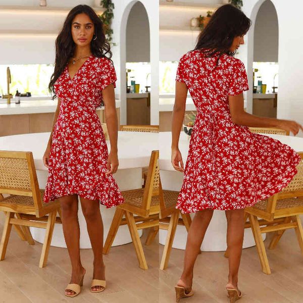 

summer ladies slim v-neck print midi dress women casual short sleeve ruffles knee length floral beach dresses vestidos 210423, Black;gray