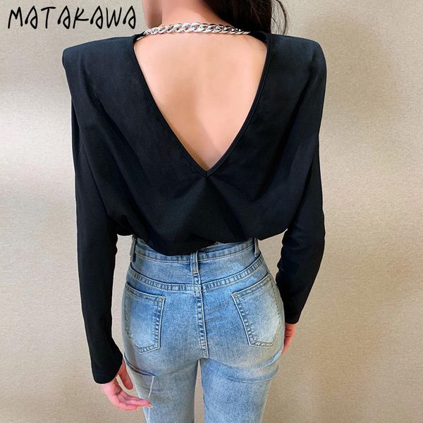 

matakawa halter long-sleeved fashion women's temperament woman tshirts shoulder pads slim t-shirt women 210513, White