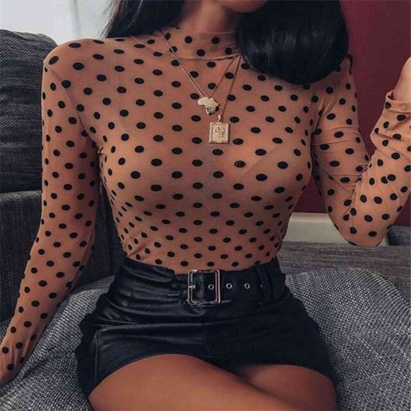

black mesh see through women t shirts polka dot print fashion spring long sleeve high neck party tees, White