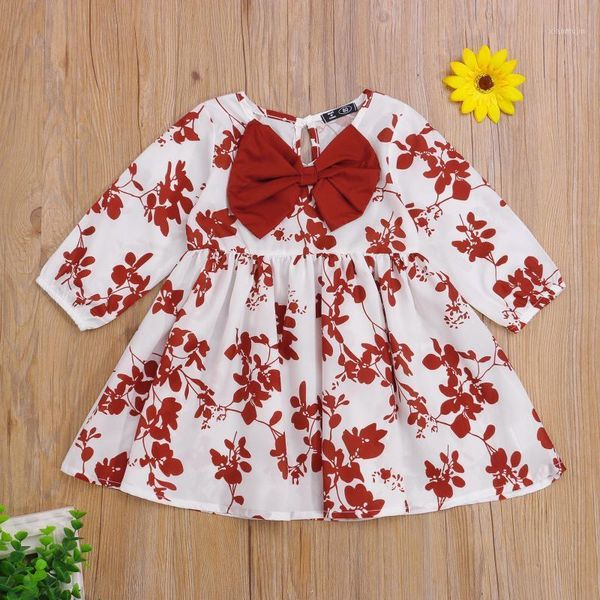 

girl's dresses spring autumn girls kids princess dress floral leaves print o-neck long sleeve with bowknot, Red;yellow