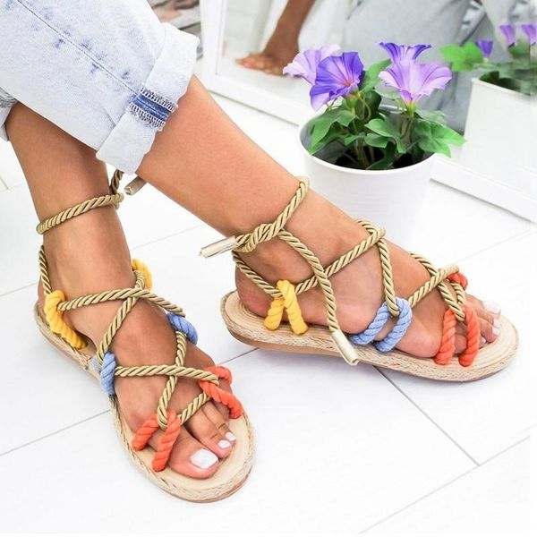 

women sandals 2021 fashion summer shoes woman flat rope lace up gladiator non-slip beach chaussures femme, Black