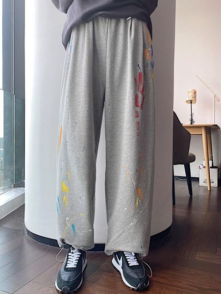

self made guochao splash ink paint pants chaogao street graffiti loose casual leggings men and women fashion brand women's & capris, Black;white