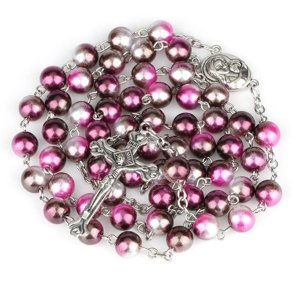 

catholic crucifix imiation pearl beads necklace prayer alloy cross rosary necklaces for women religious jewelry gifts rosaries, Silver