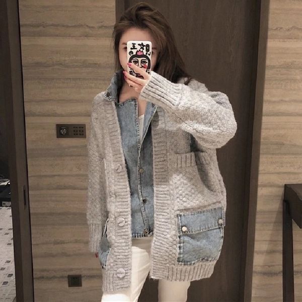 

coat sweater station sewing denim thick women's knitted jacket mid-length cardigan, Tan;black