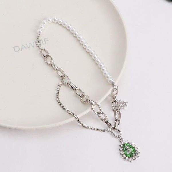 

chains baroque green color crystal pendant tassel necklace for women girls korean pearl choker neck jewelry daily gifts, Silver