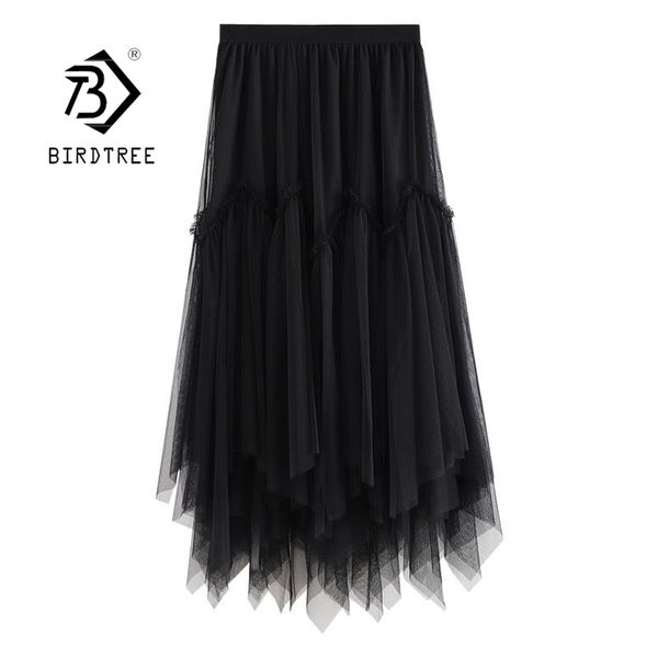 

summer women's mesh patchwork irregular solid long pleated skirt high waist loose casual elegant mid-length skirts lady b13203x 210419, Black